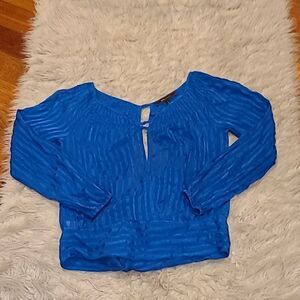 BCBGGeneration womens silk blue long sleeve sheer open back tie black shirt